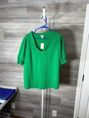 Cato Green Ribbed V-Neck Short Sleeve Top